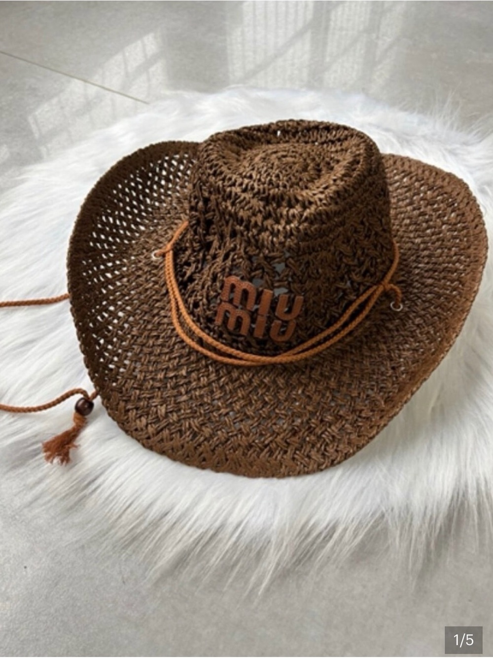 Miu Miu Brown Woven Straw Cowboy Hat with Logo Accent (NWOT) - Picture 2 of 4